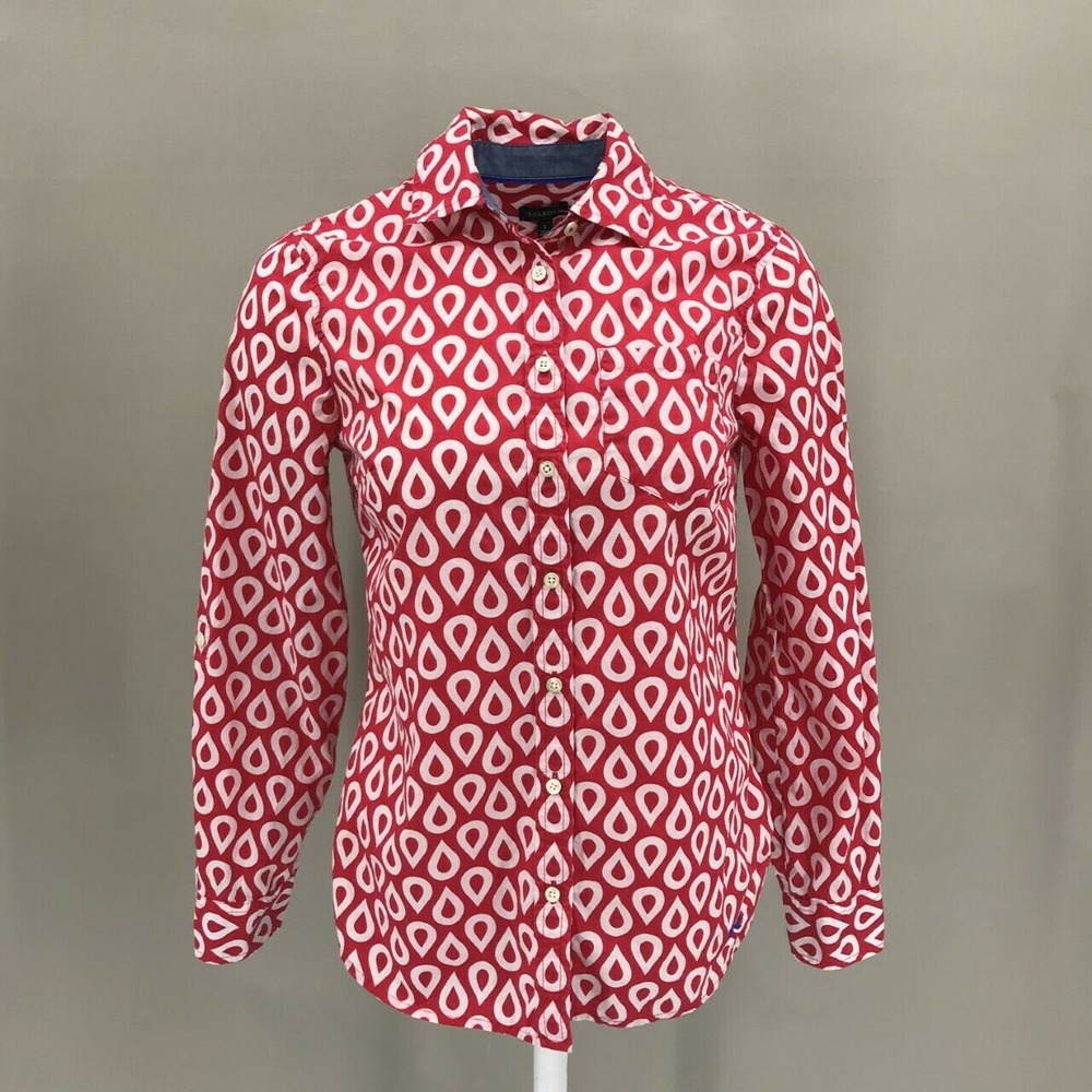 Talbots Women's Rain Drop Geometric Print Button Down Shirt Top Sz 2 Red White